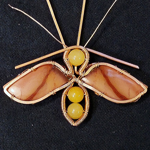 Jennifer Brooks's Rosy Maple Moth Pendant - , Contemporary Wire Jewelry, Lashing, Wire Lashing, Wire Wrapping, Wrapping, Wire Wrapping Jewelry, Bend the 2 wrapped post wires